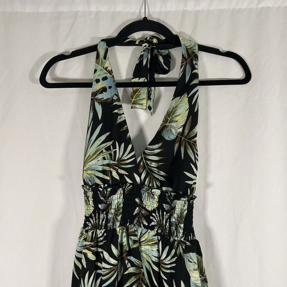 Madden NYC Mini Dress Women's Small Green Floral Smocked Sleeveless Tie Neck - Picture 2 of 9